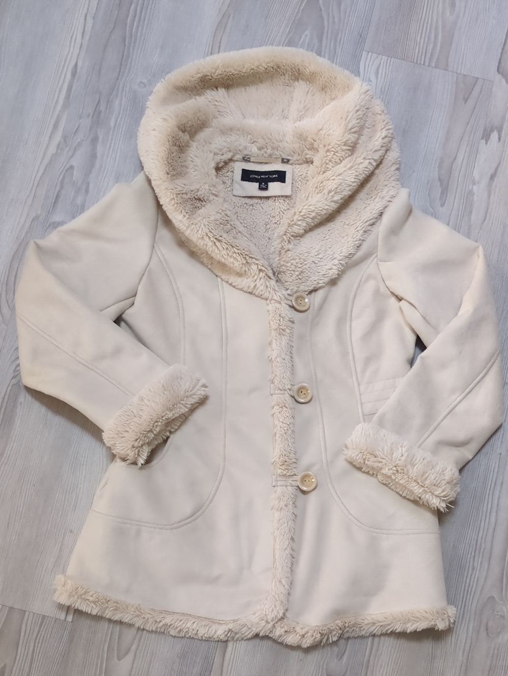 Jones New York M Cream Faux Suede Shearling Fur Hooded Coat Winter Après Ski